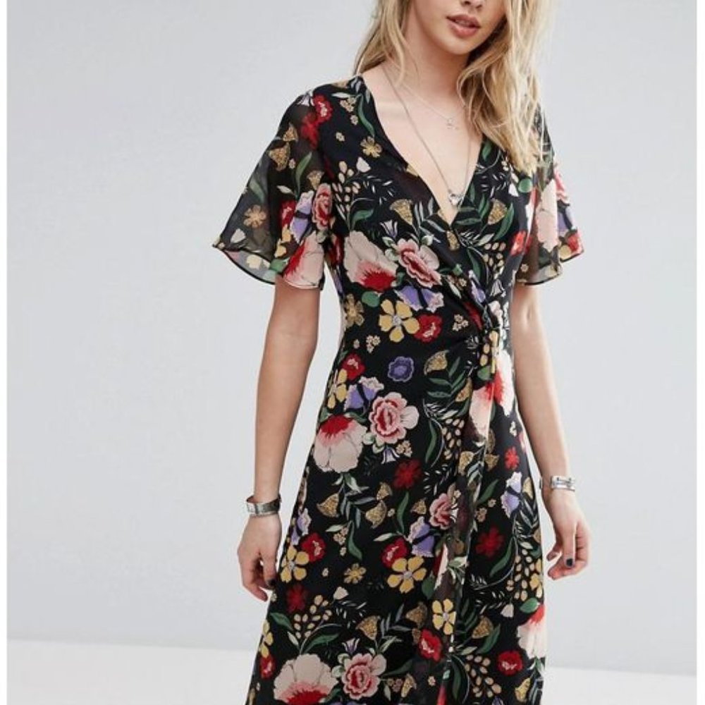 ASOS MNG brand size L black floral wrap maxi dress